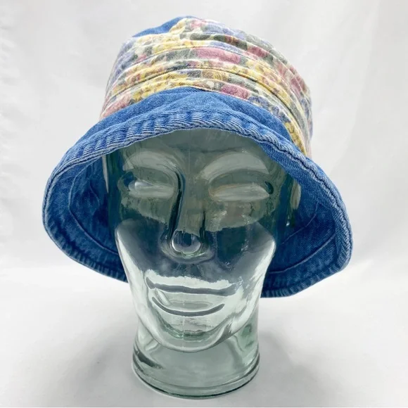 Vintage 90’s Floral Print Blue Jean Denim Bucket Hat - Picture 1 of 7